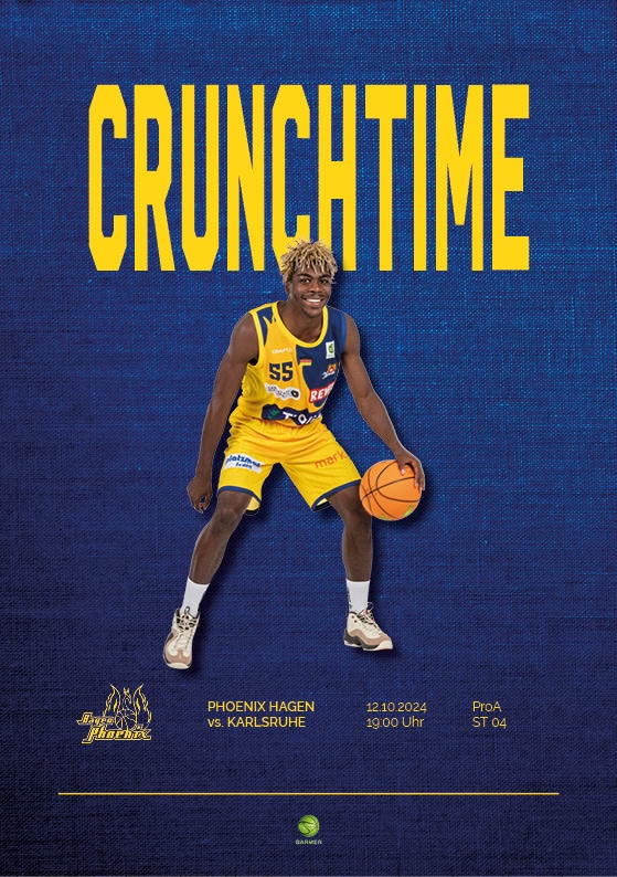 Ein Basketballspieler lächelt, trägt gelbes Trikot, hält Ball; "CRUNCHTIME" Text oben.