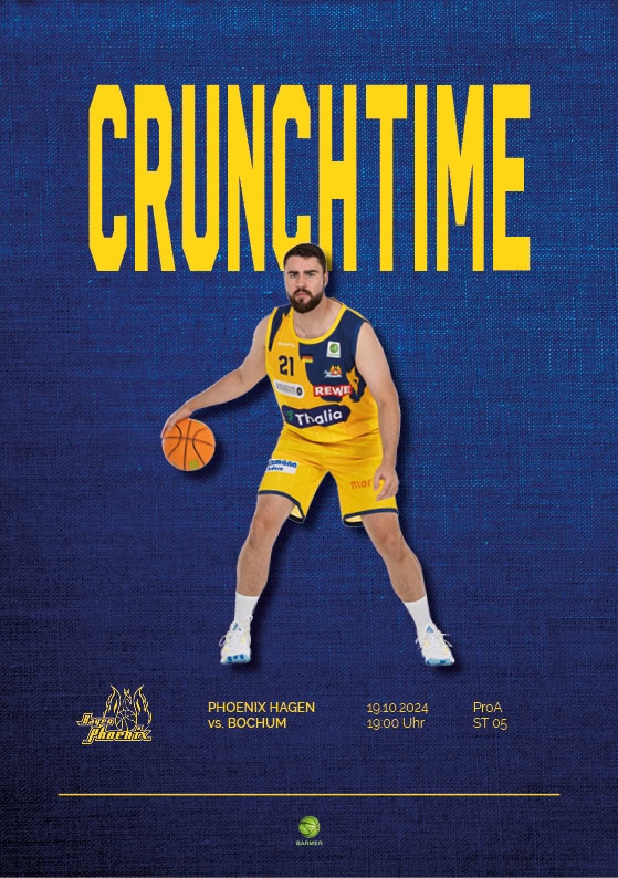 Ein Basketballspieler konzentriert im gelben Trikot mit Ball. Text "Crunchtime" im Hintergrund.