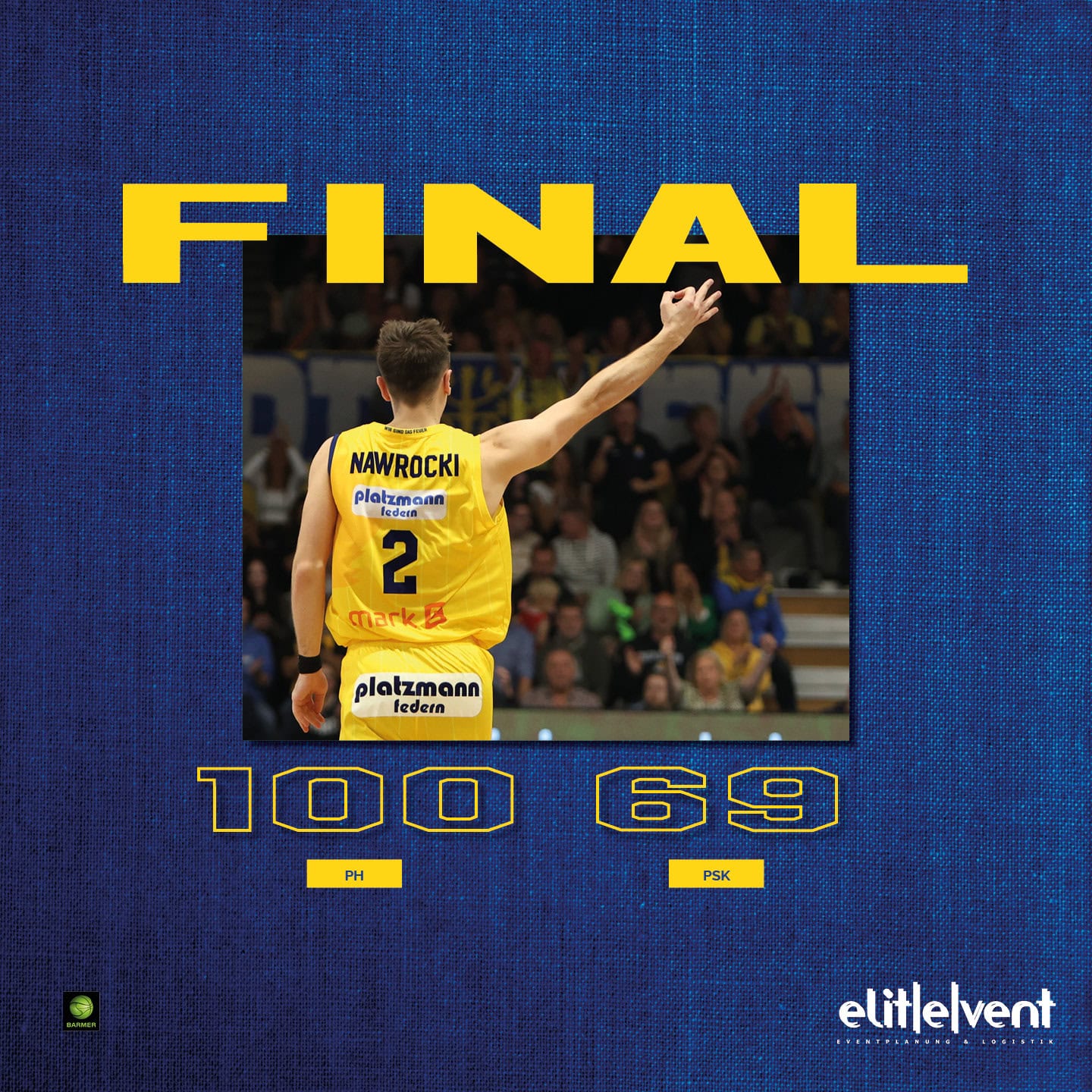 Ein Basketballspieler in gelbem Trikot jubelt. Text: Final 100-69 auf blauem Hintergrund.