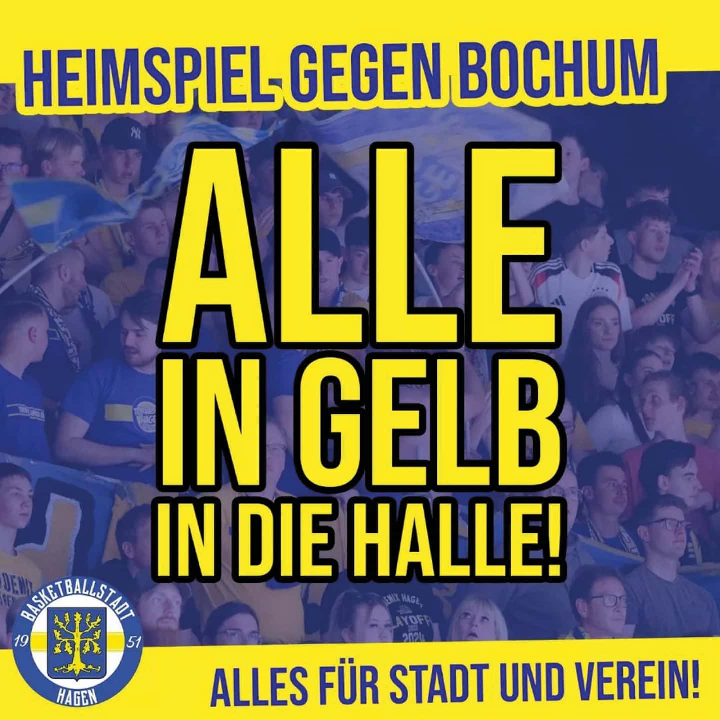 Ein Banner mit jubelnden Basketballfans in gelben Shirts, umgeben von blauem Hintergrund und Text.