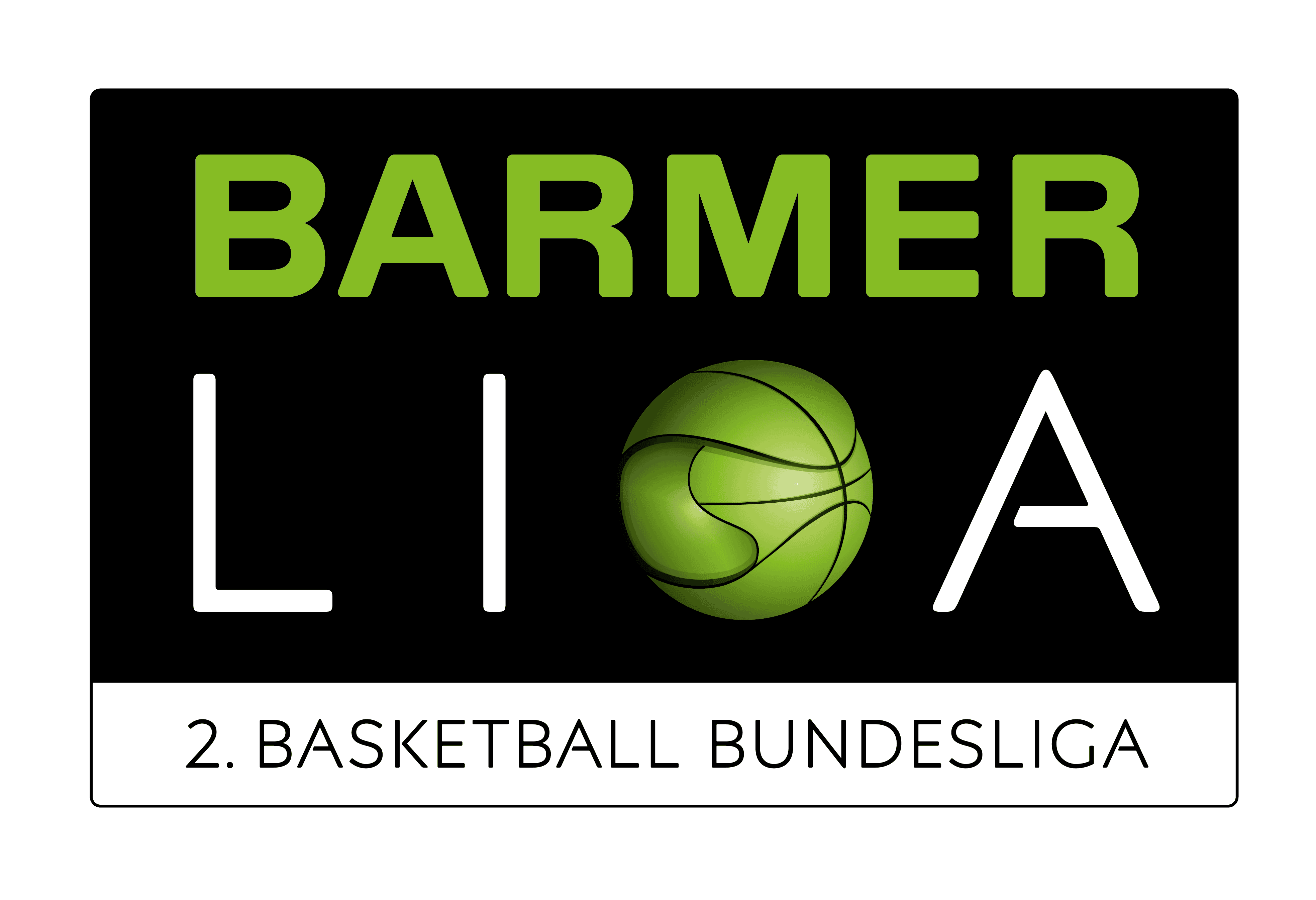 Logo der BARMER 2. Basketball Bundesliga mit grünem Basketball-Icon auf schwarzem Hintergrund.