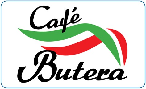 "Café Butera-Logo mit geschwungenen roten, grünen und weißen Linien im Hintergrund."