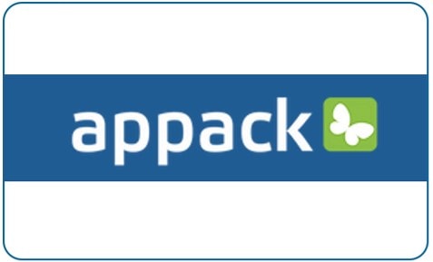 Ein Logo mit dem Text "appack" in Weiß auf blauem Hintergrund und einem grünen Quadrat mit einem weißen Schmetterling.