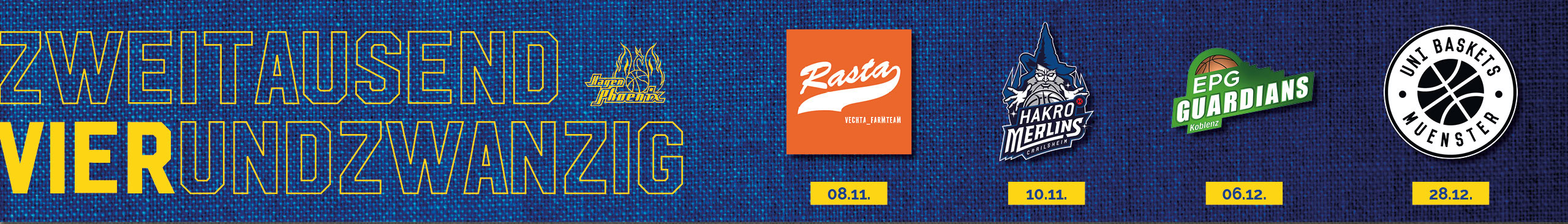 Ein Banner mit vier Basketball-Logos und Daten: RASTA Vechta, Karlsruhe, Paderborn, Jena.