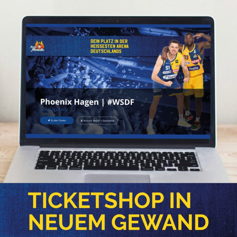 Image eines Laptops mit Basketballspiel-Website auf dem Bildschirm, Spieler jubeln, blau-gelbes Design.