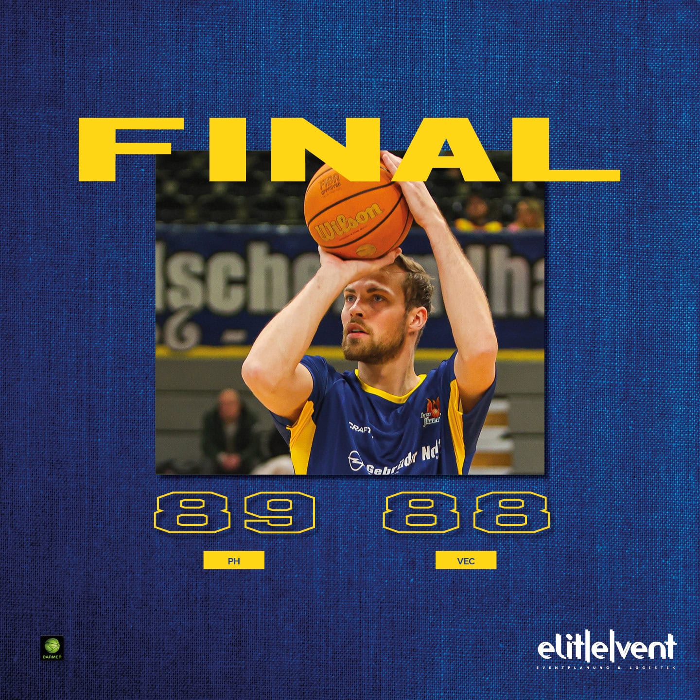 Ein Basketballspieler im blauen Trikot wirft konzentriert einen Ball. Endstand: 89-88.