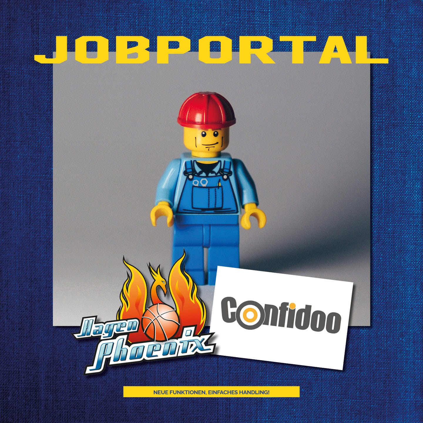 <!- Ein Lego-Figur mit gelbem Kopf, lächelnd, in blauer Latzhose vor gelbem Hintergrund. ->