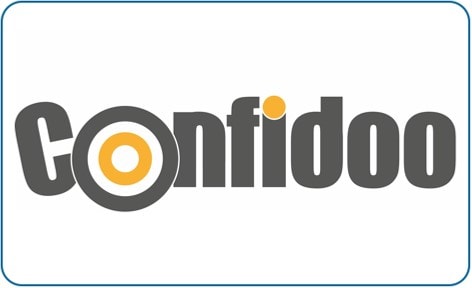 Logo mit dunkelgrauem Schriftzug "Confidoo", gelber Punkt im "o", Zielscheibenmotiv integriert.