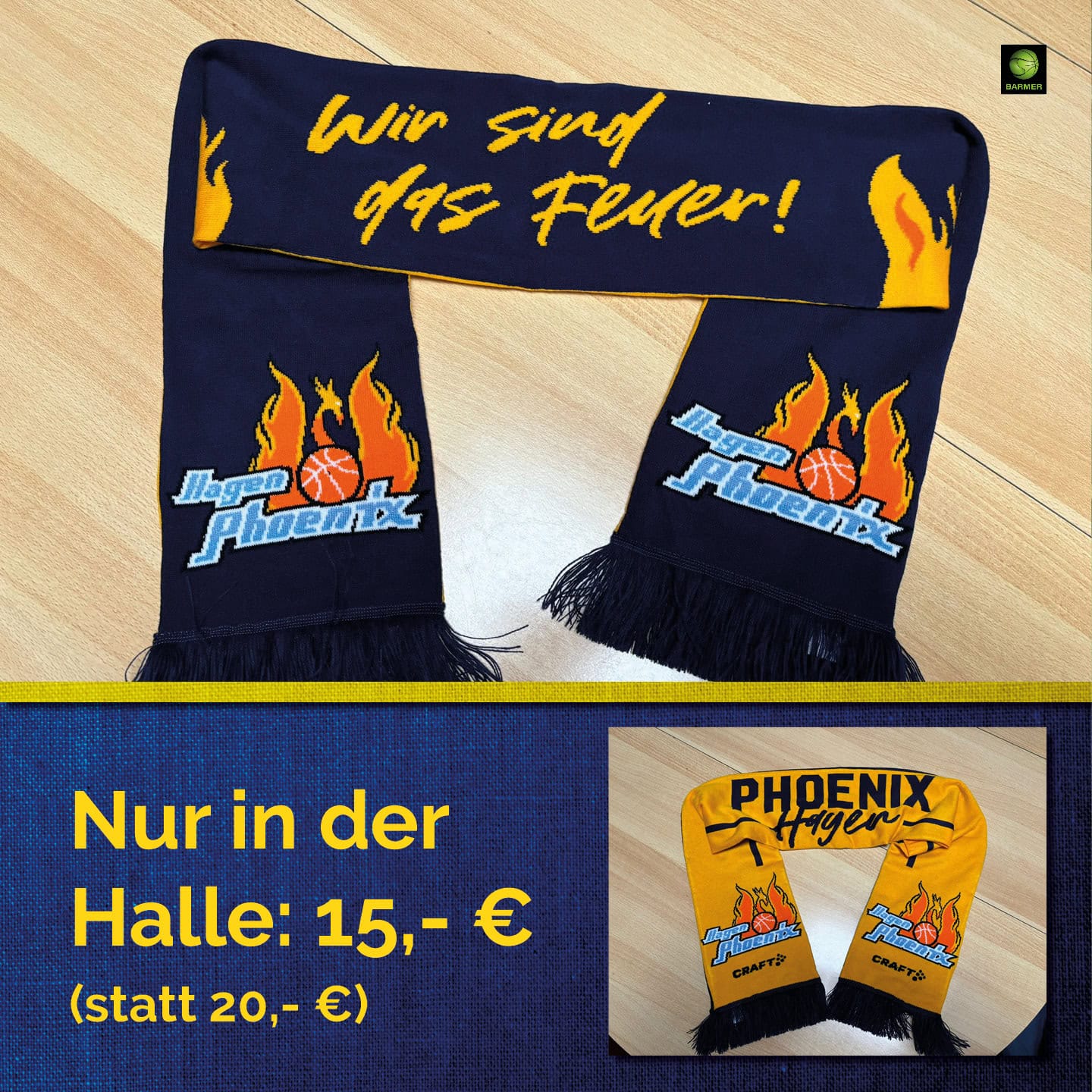 Schal in Blau und Orange mit Flammenmotiv und Text "Wir sind das Feuer!" auf Tisch. Angebotspreis.