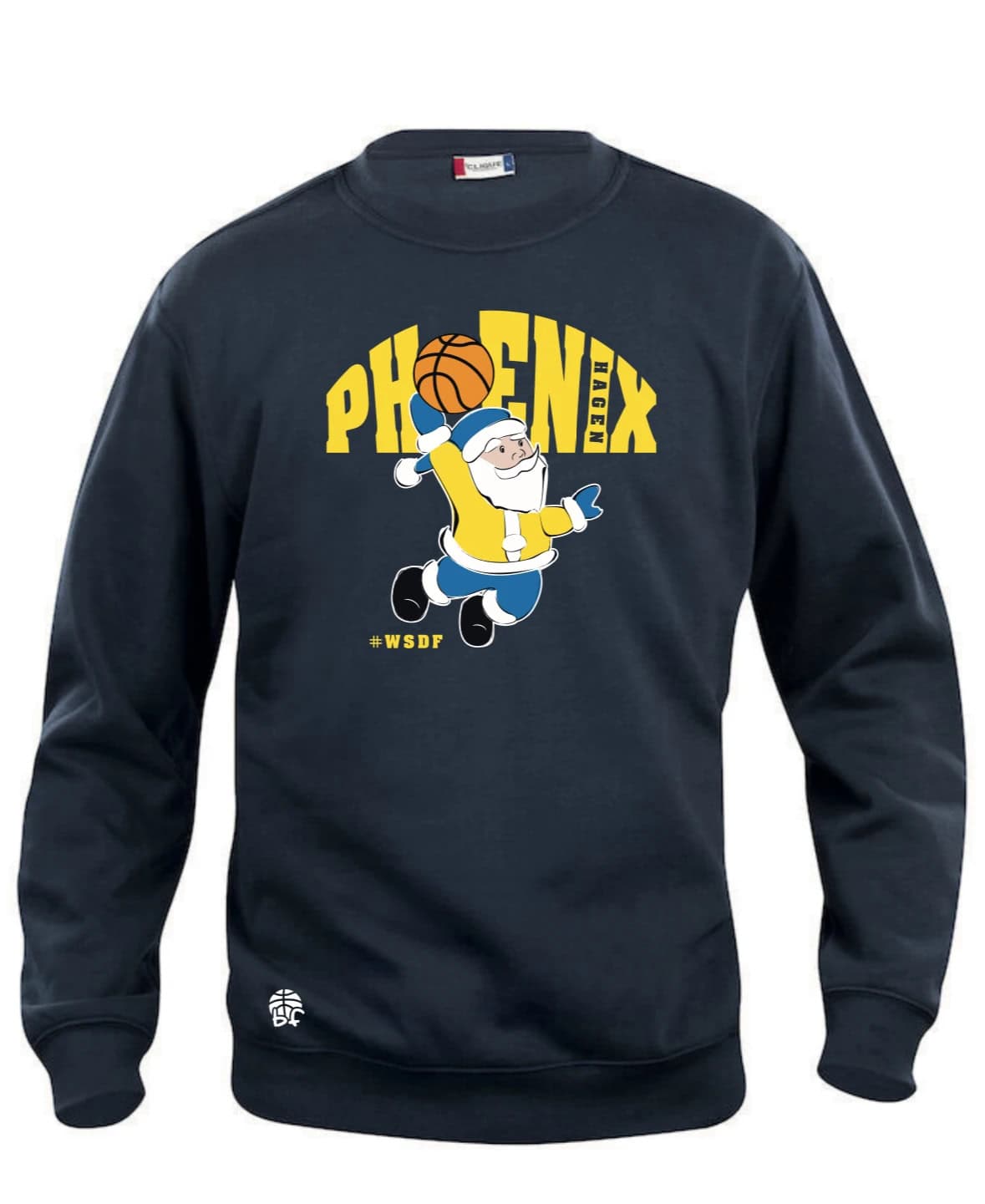 Schwarzer Pullover mit Comic-Santa, der Basketball spielt, gelbe "PHOENIX"-Aufschrift.