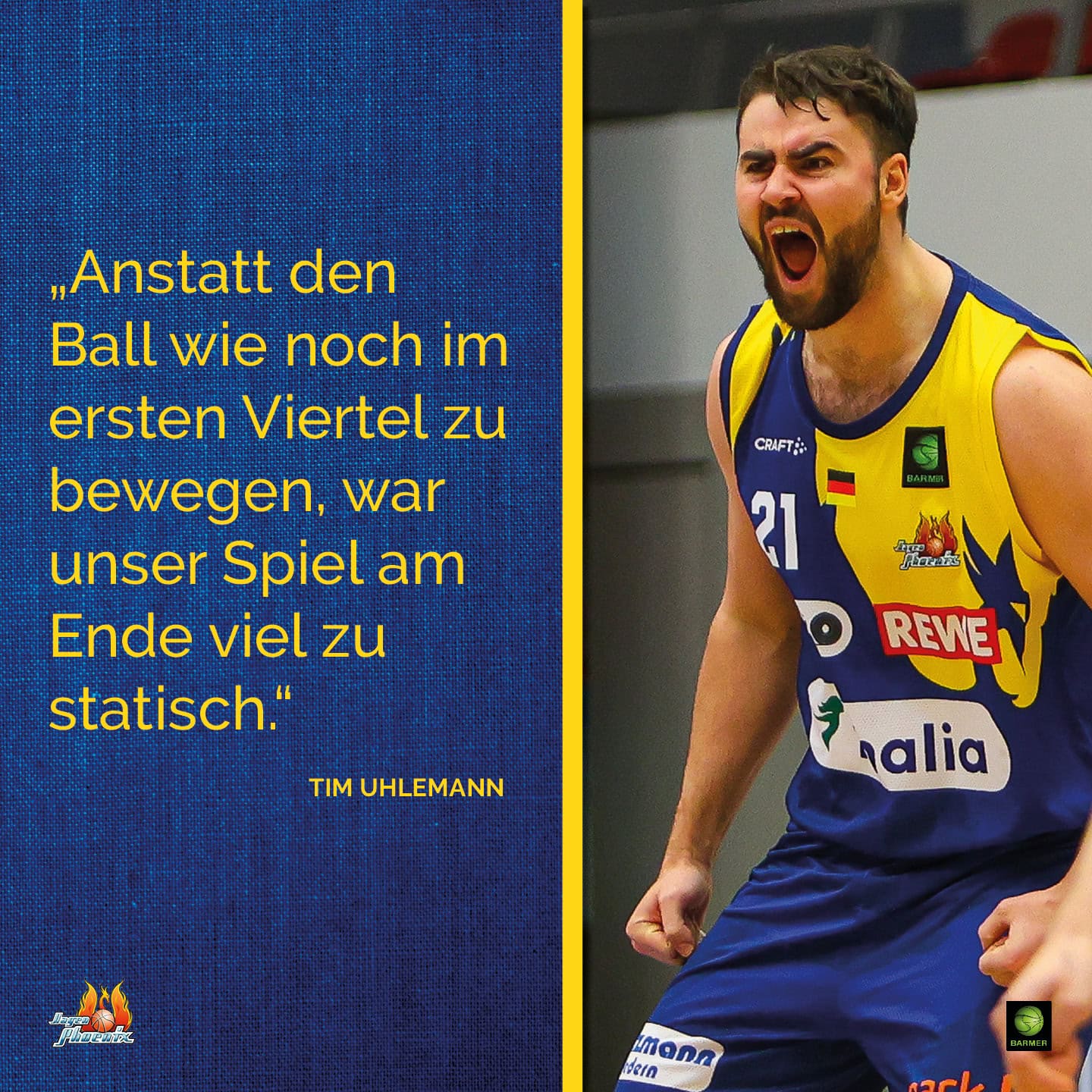 Ein Basketballspieler schreit motiviert, mit blau-gelbem Trikot Nummer 21 neben einem Zitat.