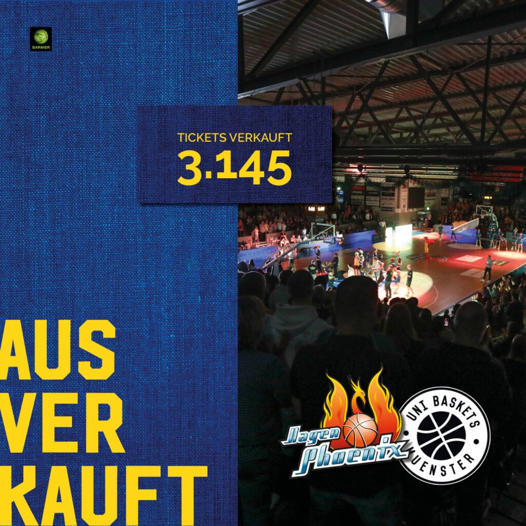 Ein Basketballspiel mit großem Publikum, dunkle Halle, und eine Anzeige von 3.145 verkauften Tickets.