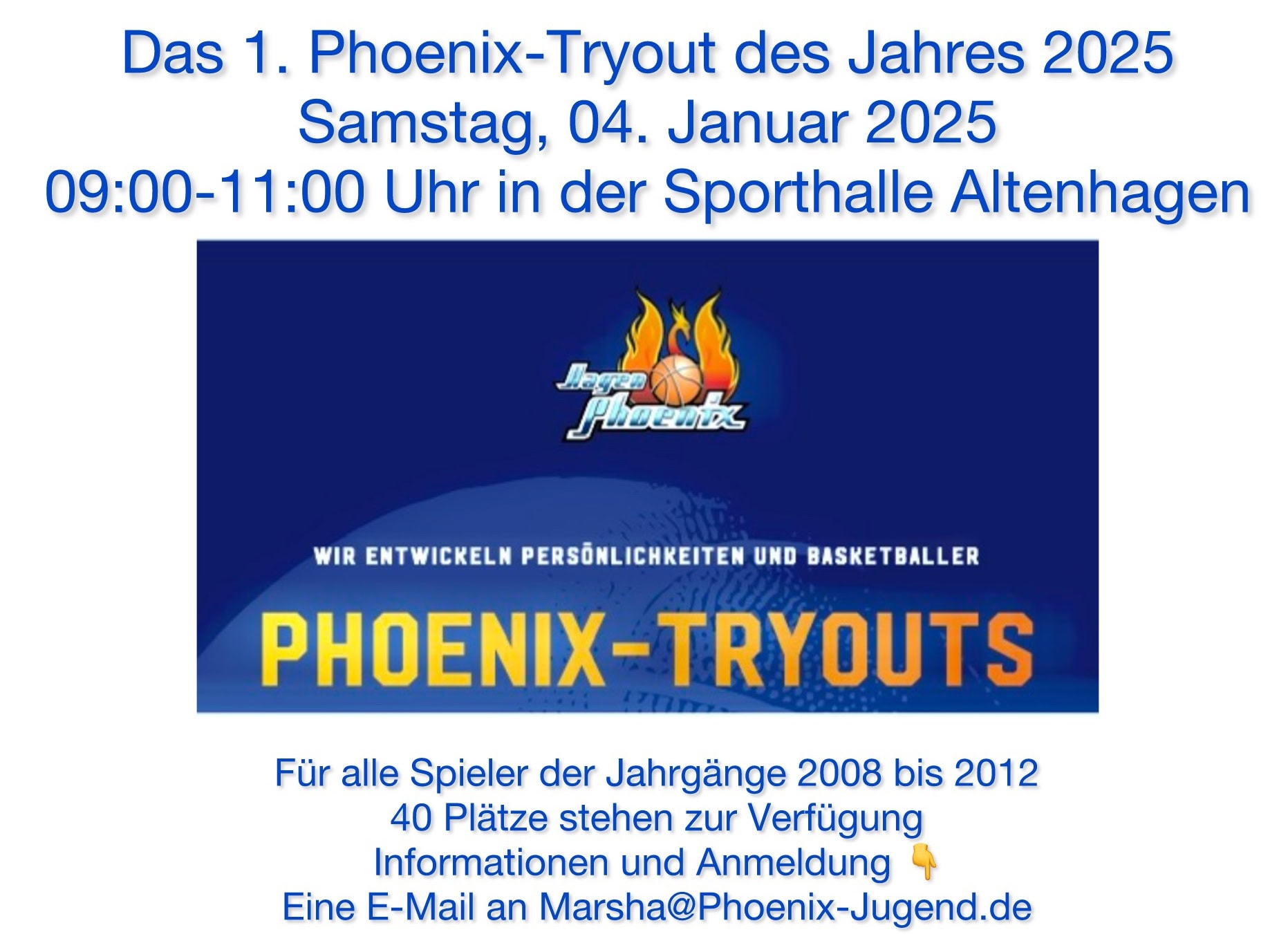 Plakat für Phoenix-Tryouts 2025, 4. Januar, 09:00-11:00 Uhr, Sporthalle Altenhagen, Informationen unten.