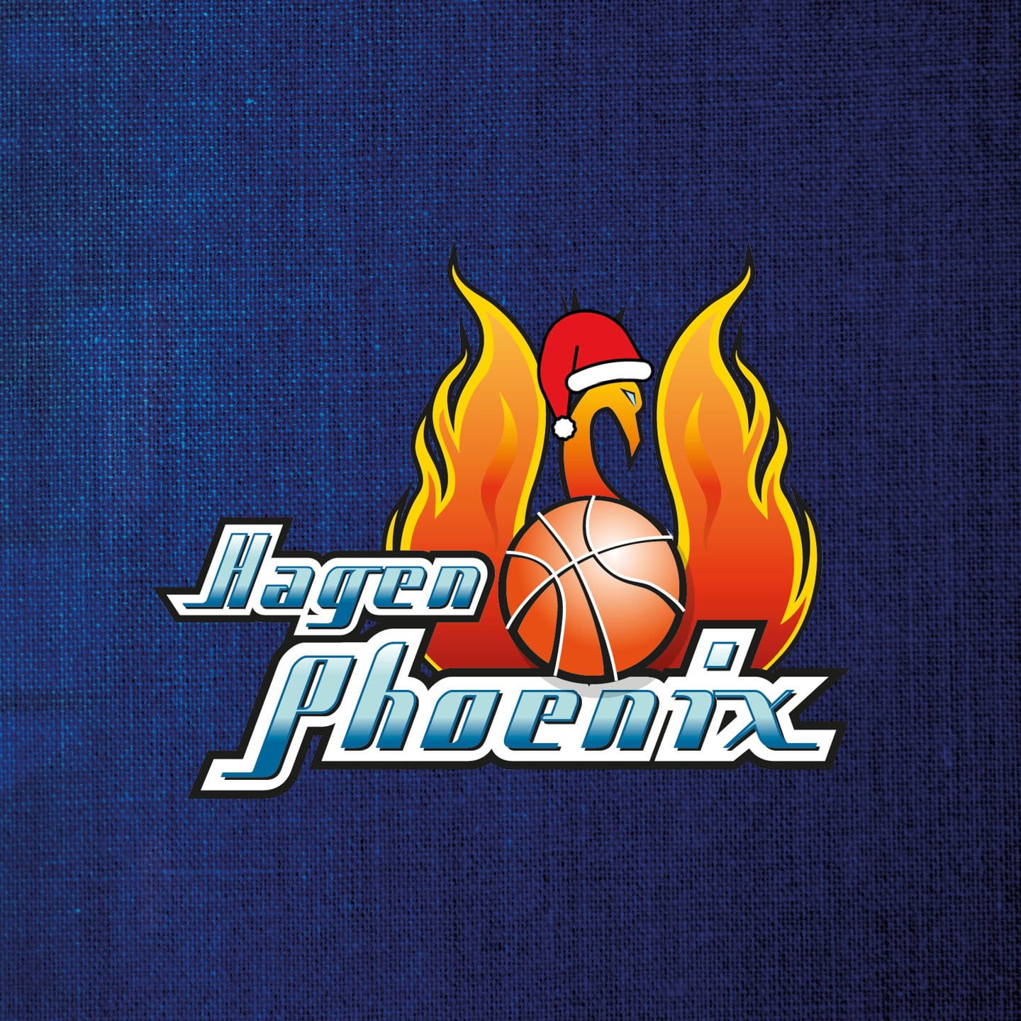 Logo von Hagen Phoenix auf dunkelblauem Hintergrund mit Basketball und Weihnachtsmütze im Design.