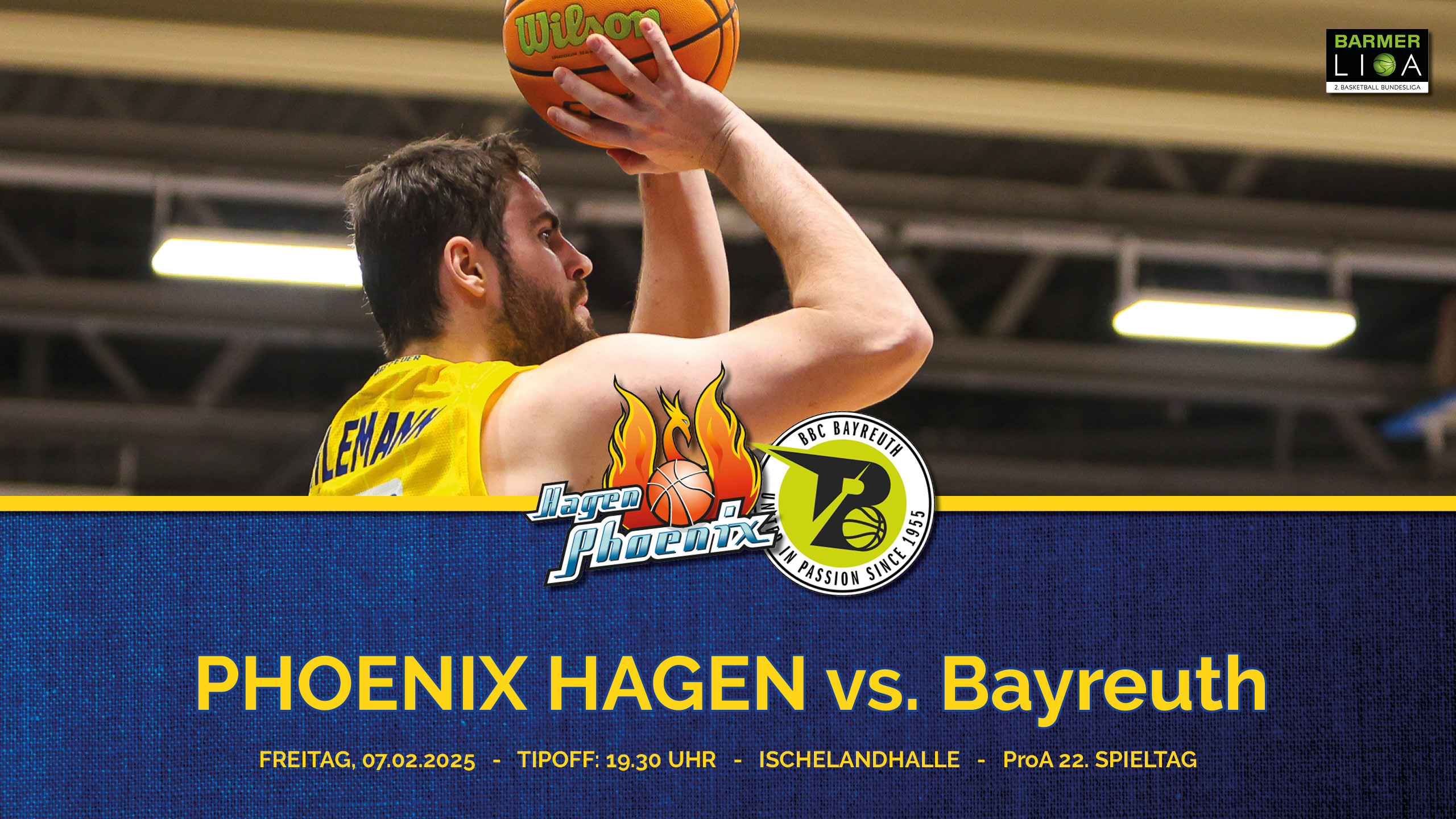 Basketballspieler in gelbem Trikot wirft den Ball. Text: Phoenix Hagen vs. Bayreuth.