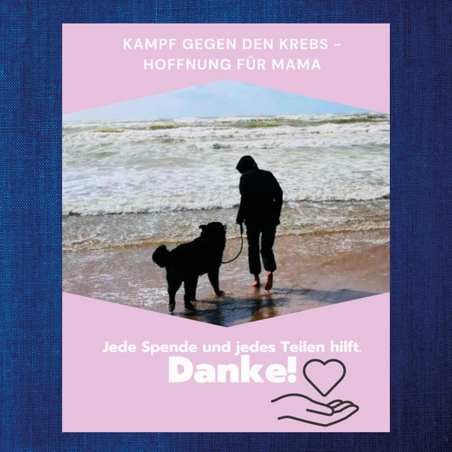 Eine Person und ein Hund spazieren am Strand. Text: Kampf gegen den Krebs, Hoffnung für Mama.