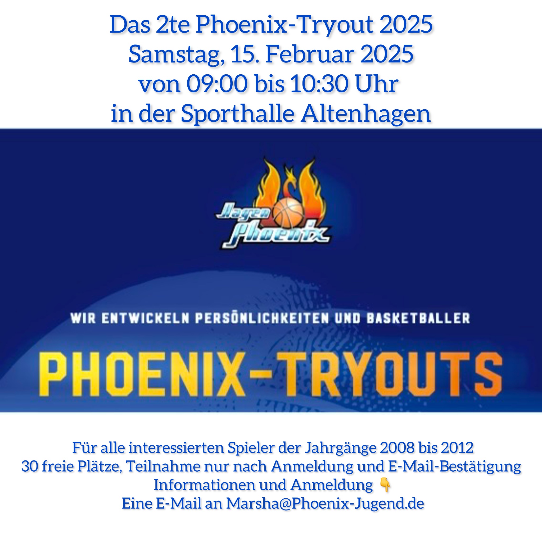 Einladung zu Phoenix-Tryout 2025, Basketball-Logo, Datum und Kontaktinfo in Blau und Weiß.