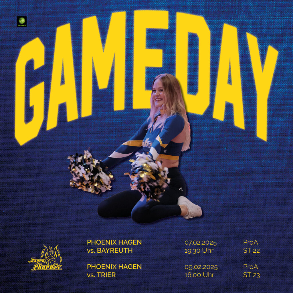 Cheerleader mit Pompons lächelt kniend, blau-gelbes Outfit, Gameday-Schriftzug im Hintergrund.