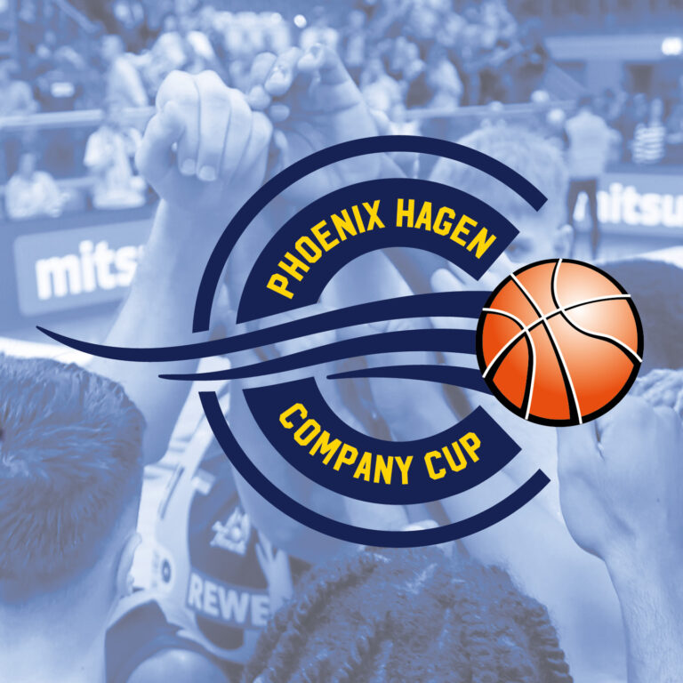 Basketball-Logo mit Schriftzug "Phoenix Hagen Company Cup" in Blau und Orange, über Händen schwebend.