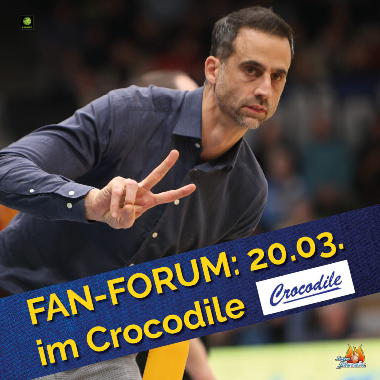 Ein Mann mit nachdenklichem Ausdruck zeigt ein Handzeichen; Text: "FAN-FORUM: 20.03. im Crocodile".