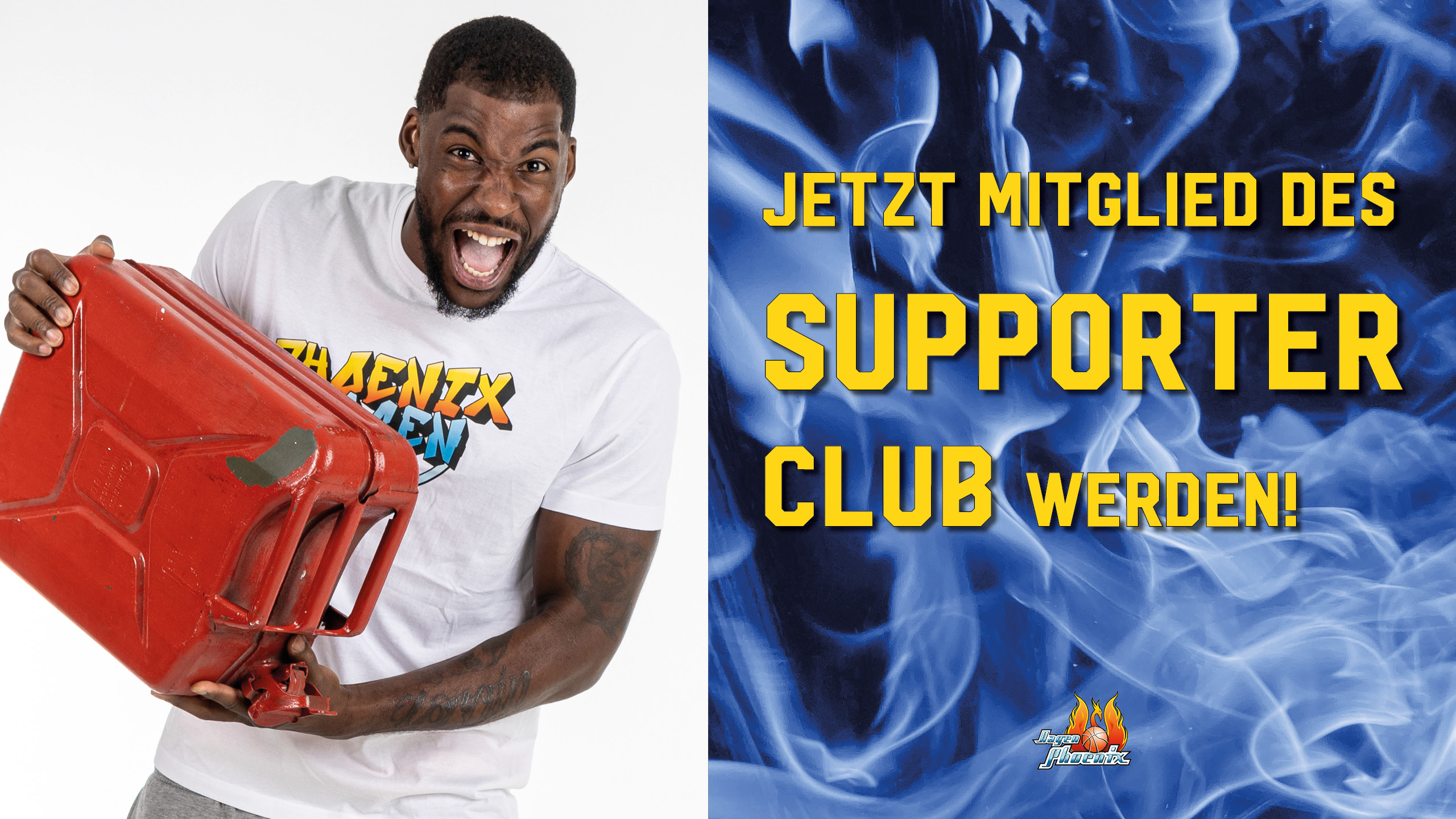 Mann lacht, hält roten Kanister; Text: "JETZT MITGLIED DES SUPPORTER CLUB WERDEN!".